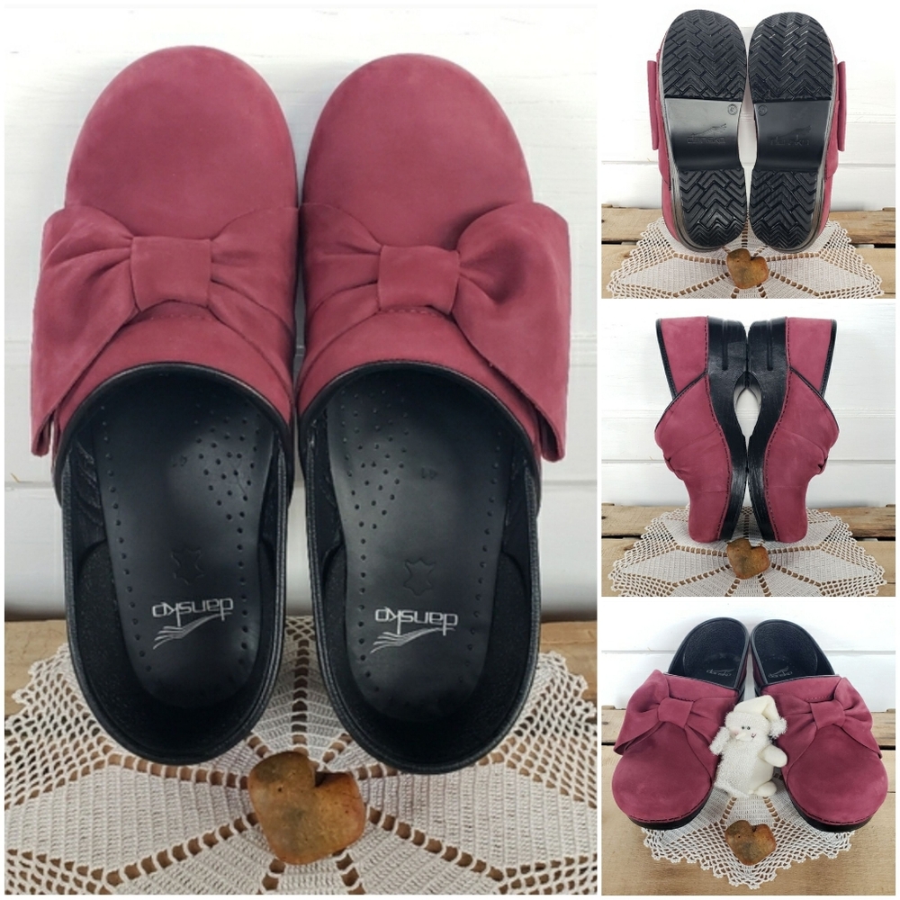 Patriotic RED Dansko Pro Bow Clogs Dusty Suede Cottage Distressed Boho Prairie ♡ - Picture 9 of 15